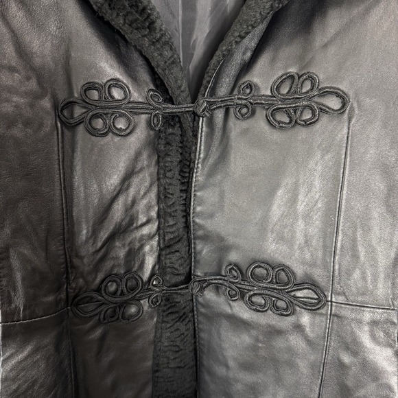 VTG Dennis Basso Women's L Black Leather Jacket Coat Faux Fur Mandarin Collar - Picture 4 of 9